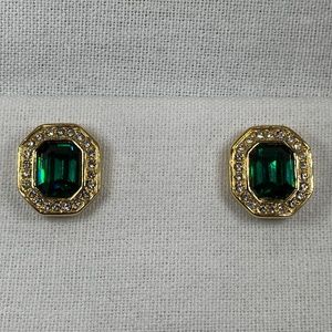 Vintage Swarovski SAL Gold Emerald Green & Clear Crystal Pierced Earrings 1970s